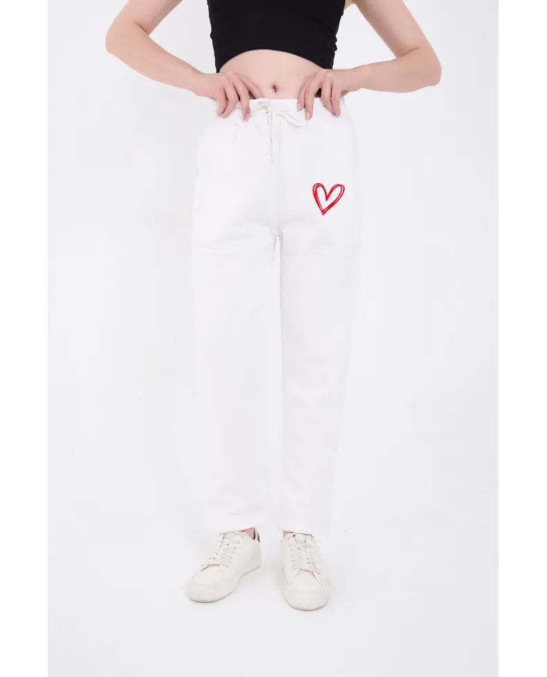 Kadın Üç İplik Pamuklu  Baskılı Paçası Lastikli Cepli Eşofman Pantolon - Beyaz