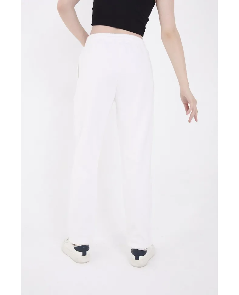 Kadın Üç İplik Pamuklu  Baskılı Paçası Lastikli Cepli Eşofman Pantolon - Beyaz