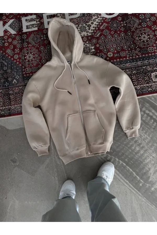 Oversize Tam Fermuarlı Uzun Kol Hırka - Bej