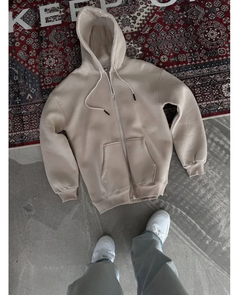 Oversize Tam Fermuarlı Uzun Kol Hırka - Bej