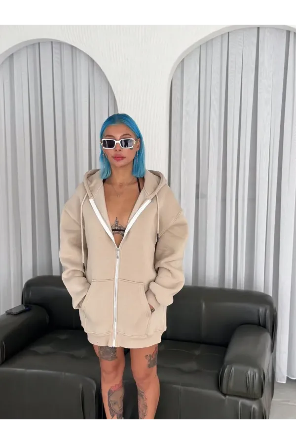 Oversize Tam Fermuarlı Uzun Kol Hırka - Bej