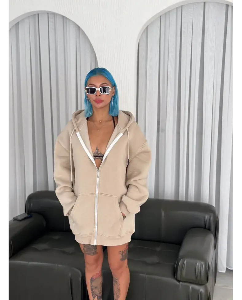 Oversize Tam Fermuarlı Uzun Kol Hırka - Bej