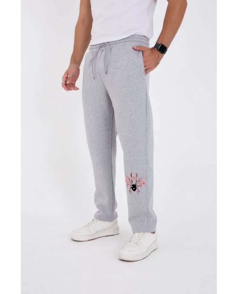 Erkek Üç İplik Baskılı Eşofman Pantolon - Gri