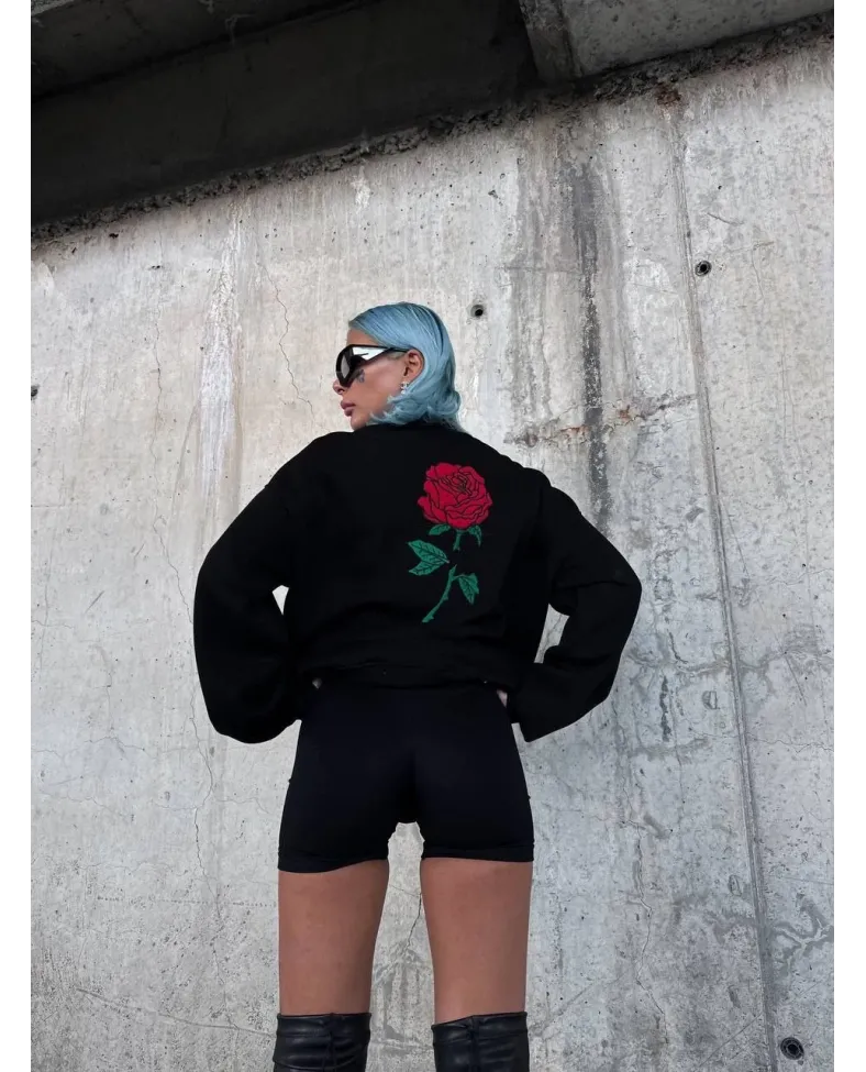Oversize Üç İplik Bisiklet Yaka Baskılı SweatShirt - Siyah