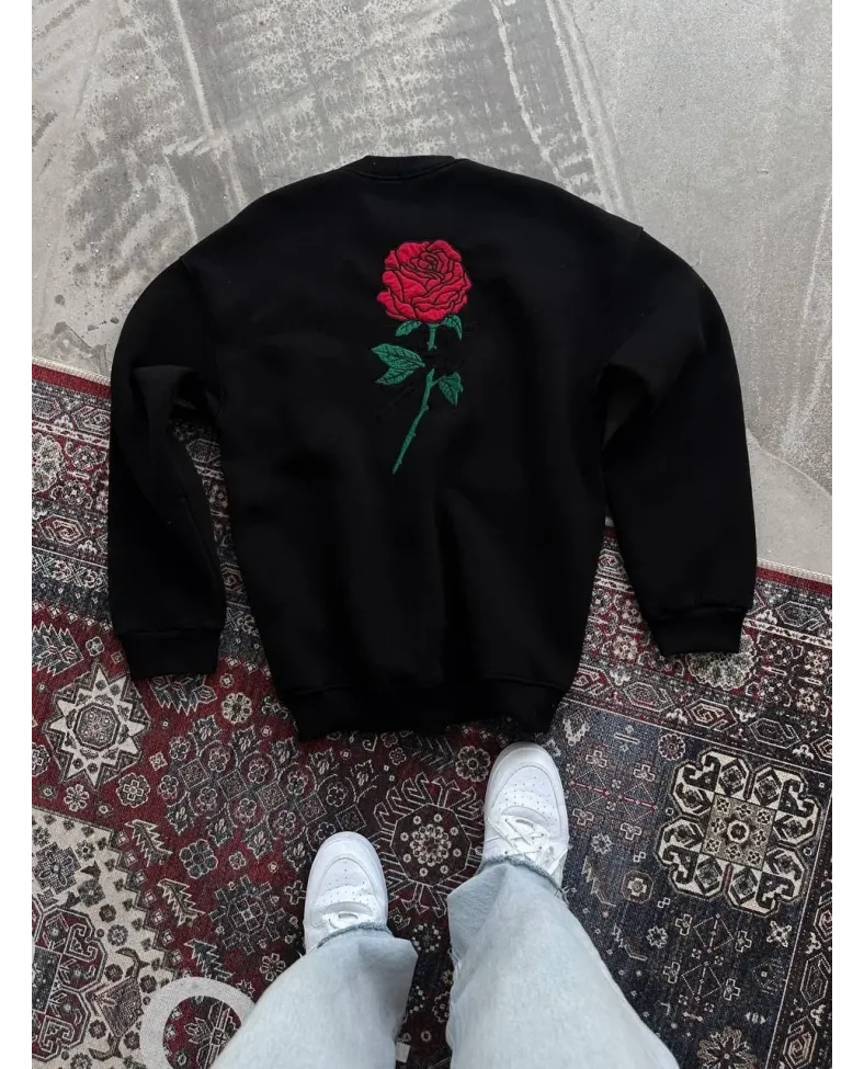 Oversize Üç İplik Bisiklet Yaka Baskılı SweatShirt - Siyah