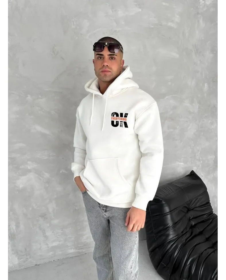 Oversize Üç İplik Kapüşonlu SweatShirt - Beyaz