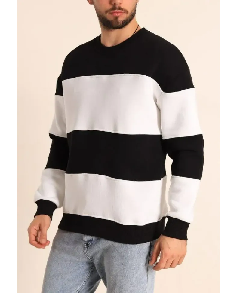 Parçalı Bisiklet Yaka Baskılı SweatShirt - Siyah