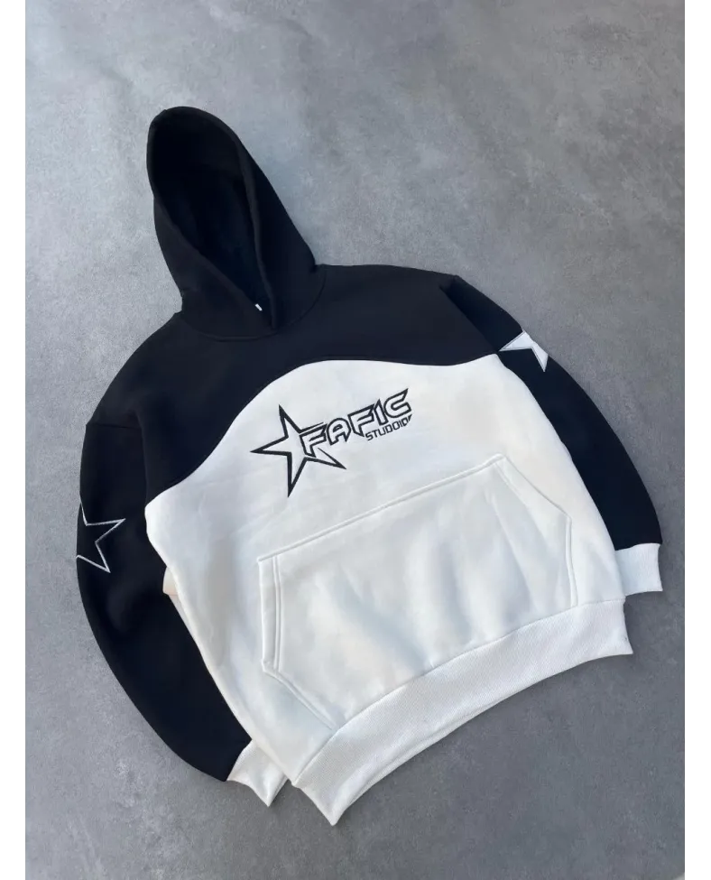 Parçalı Nakış İşlemelı Kapüşonlu SweatShirt - Siyah