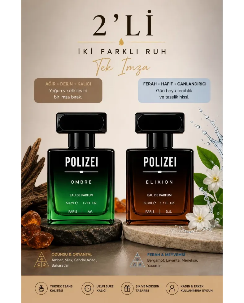 Polizei 2'Li Erkek Parfüm EDP 50 ML Kalıcı Odunsu ve Fresh koku