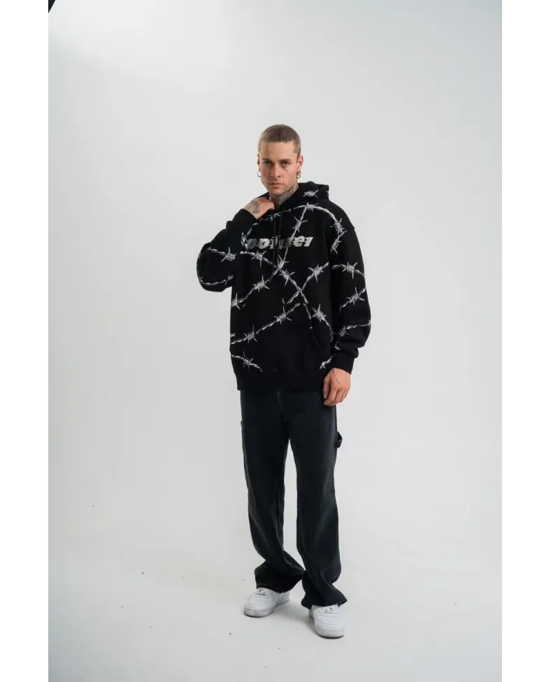 ERKEK Kapşonlu Varak ve Pano Baskılı SweatShirt- Siyah