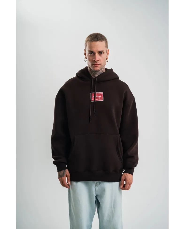 Erkek Premium Nakışlı Kapşonlu Sweatshirt Double Oversize Üç İplik Pamuklu - Siyah