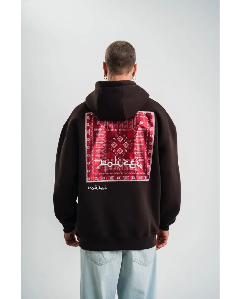 Erkek Premium Nakışlı Kapşonlu Sweatshirt Double Oversize Üç İplik Pamuklu - Siyah