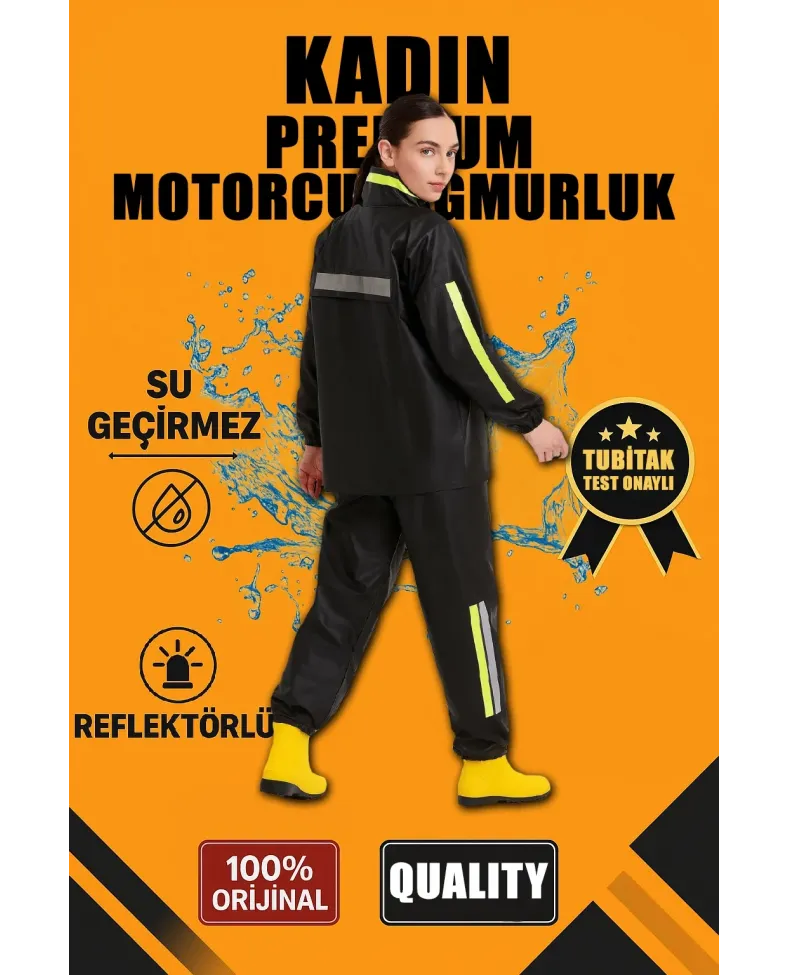Premium Kadın Motorcu Kurye Yağmurluk Takım Su Geçirmez PVC Reflektörlü TÜBİTAK - Siyah