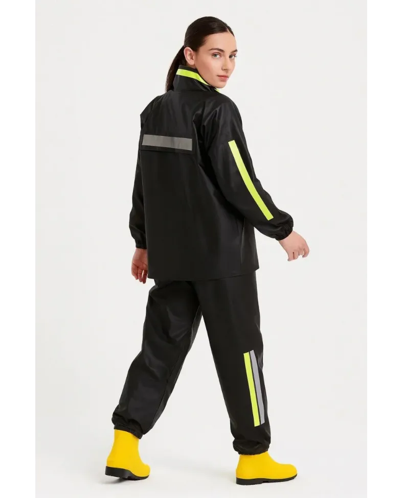 Premium Kadın Motorcu Kurye Yağmurluk Takım Su Geçirmez PVC Reflektörlü TÜBİTAK - Siyah