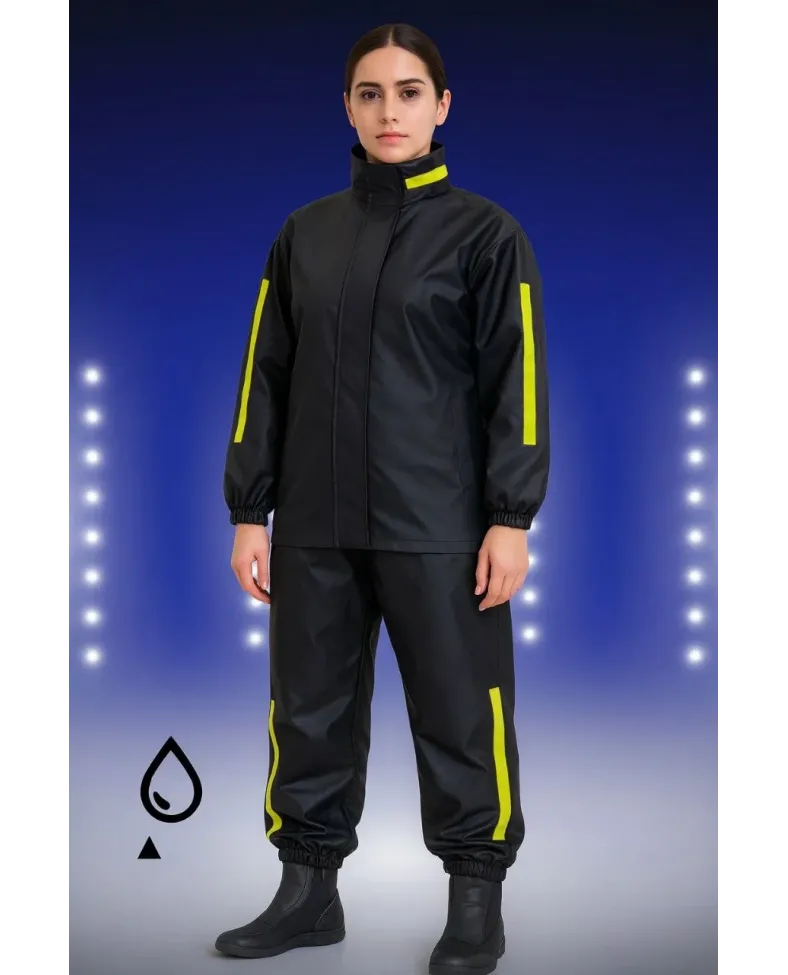 Premium Kadın Motorcu Kurye Yağmurluk Takım Su Geçirmez PVC Reflektörlü TÜBİTAK - Siyah