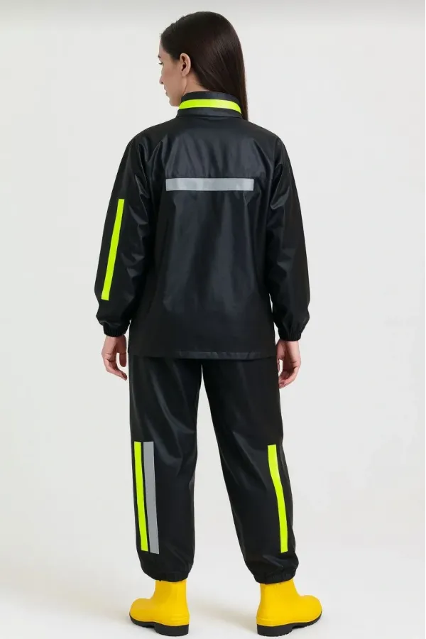 Premium Kadın Motorcu Kurye Yağmurluk Takım Su Geçirmez PVC Reflektörlü TÜBİTAK - Siyah
