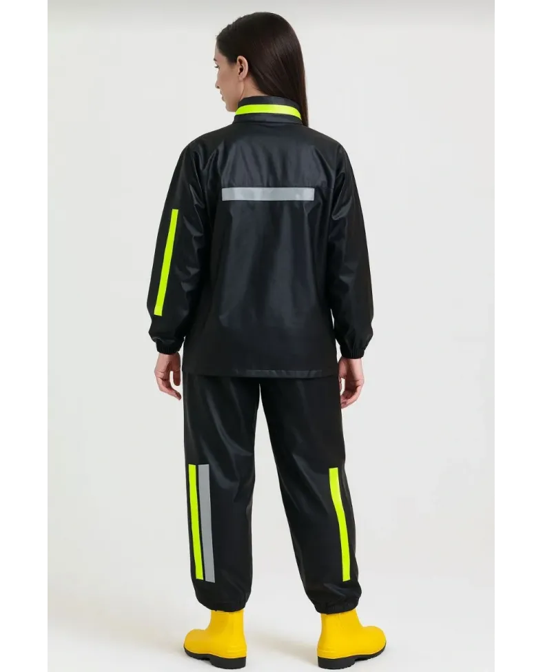 Premium Kadın Motorcu Kurye Yağmurluk Takım Su Geçirmez PVC Reflektörlü TÜBİTAK - Siyah