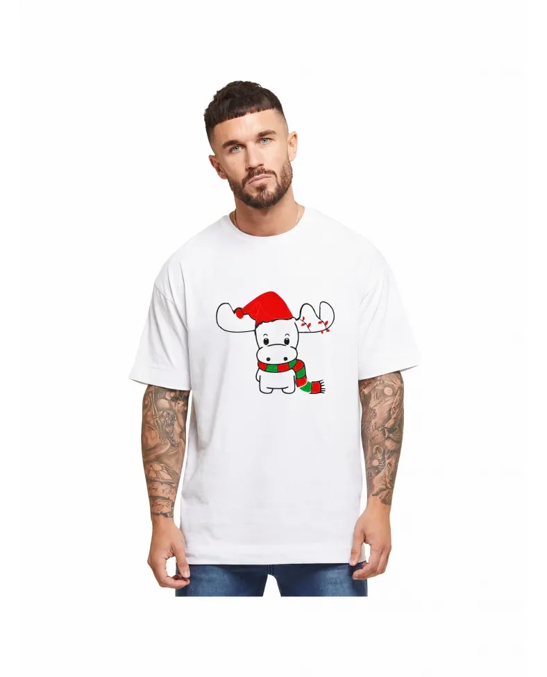 Ren Geyiği baskılı Noel İçin T-shirt - Beyaz