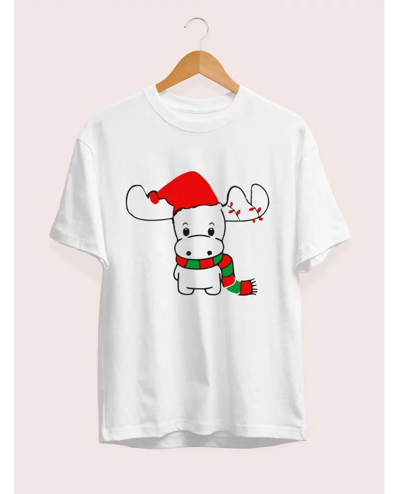 Ren Geyiği baskılı Noel İçin T-shirt - Beyaz