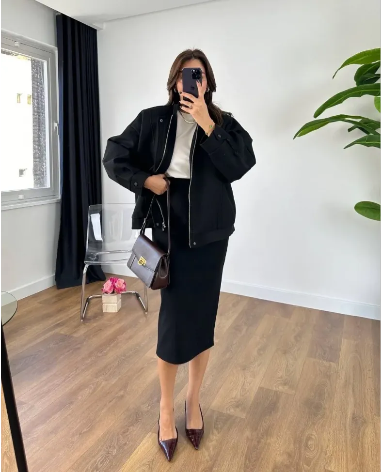 RYSE Kadın Mevsim Kaşe Fermuarlı Ceket Etek Takım Kaşmir Ceket Etekli İkili - Etek Takım Somersan Giyim | Kadın, Erkek ve Çocuk Moda