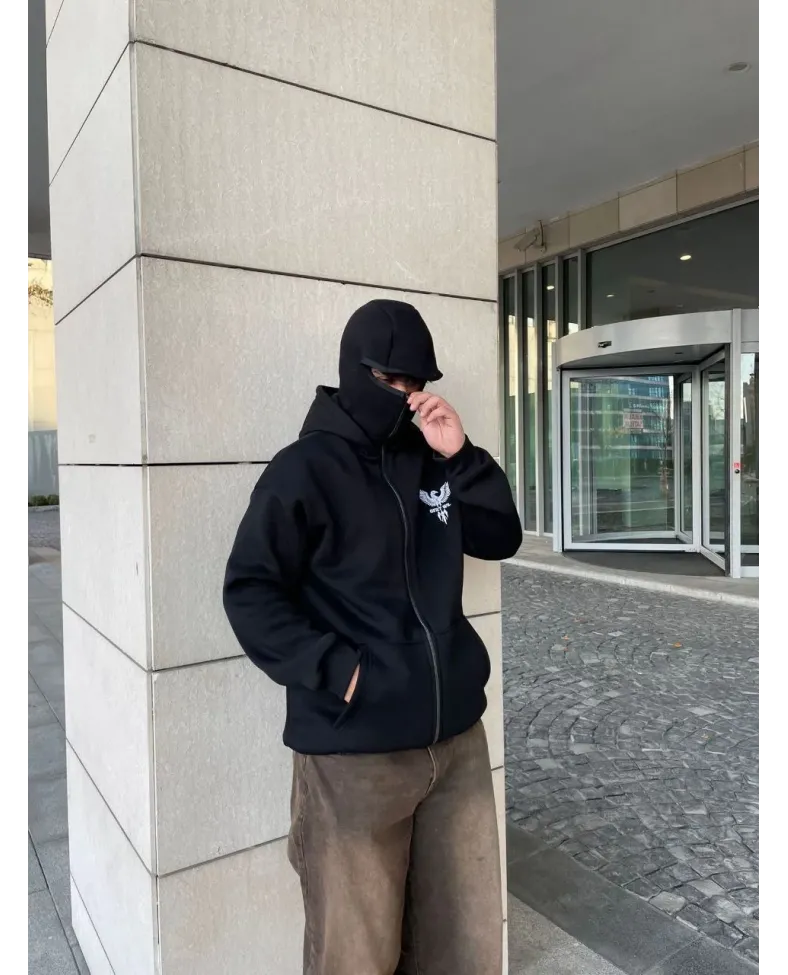 Samuray kapüşonlu ZIP Fermuarlı kapüşonlu SweatShirt - Siyah