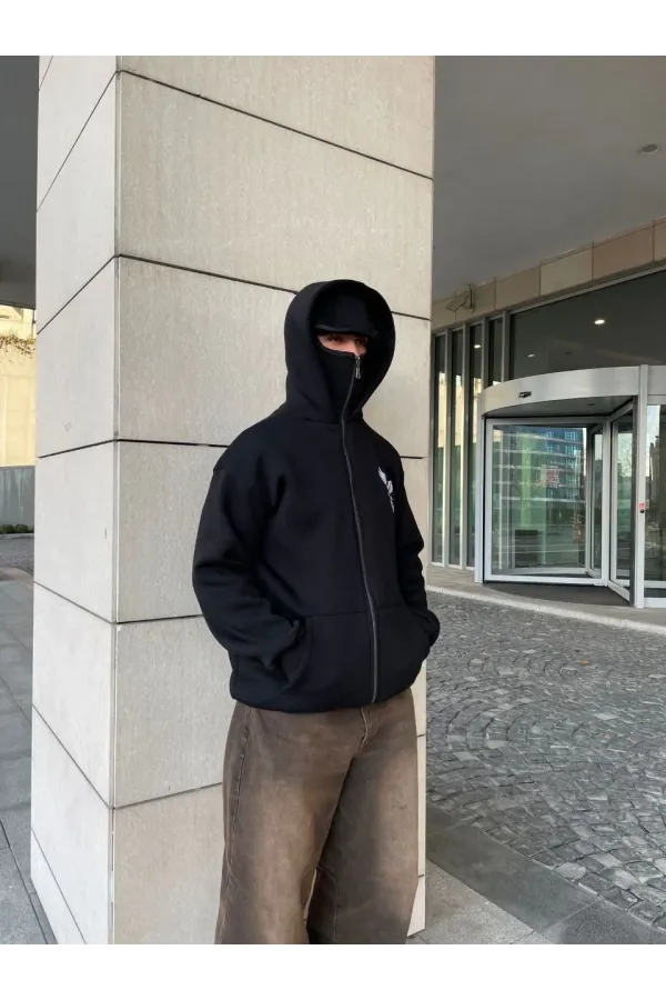 Samuray kapüşonlu ZIP Fermuarlı kapüşonlu SweatShirt - Siyah
