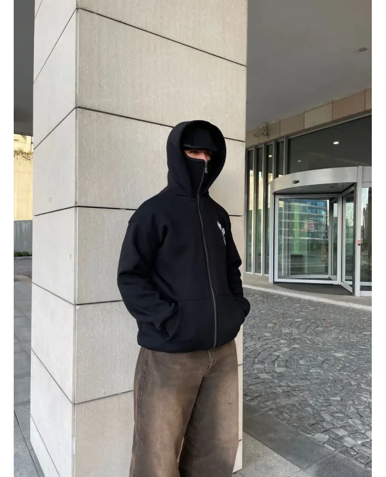 Samuray kapüşonlu ZIP Fermuarlı kapüşonlu SweatShirt - Siyah