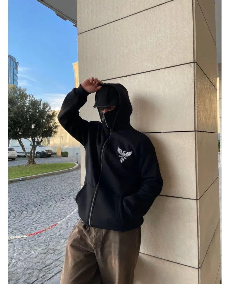 Samuray kapüşonlu ZIP Fermuarlı kapüşonlu SweatShirt - Siyah