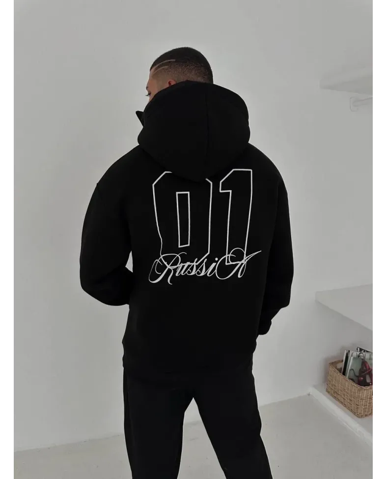 Samuray Ninja Çift Kapşonlu ZIP Fermuarlı Kanguru Çepli Tam Fermuarlı ön Arka - Siyah