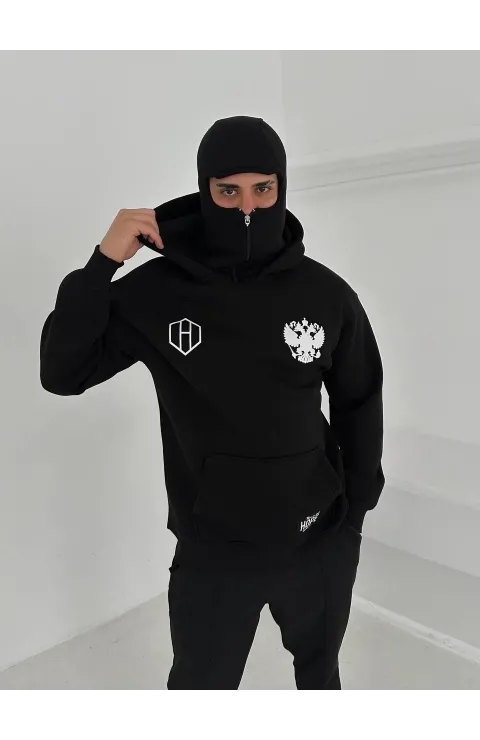 Samuray Ninja Çift Kapşonlu ZIP Fermuarlı Kanguru Çepli Tam Fermuarlı ön Arka - Siyah