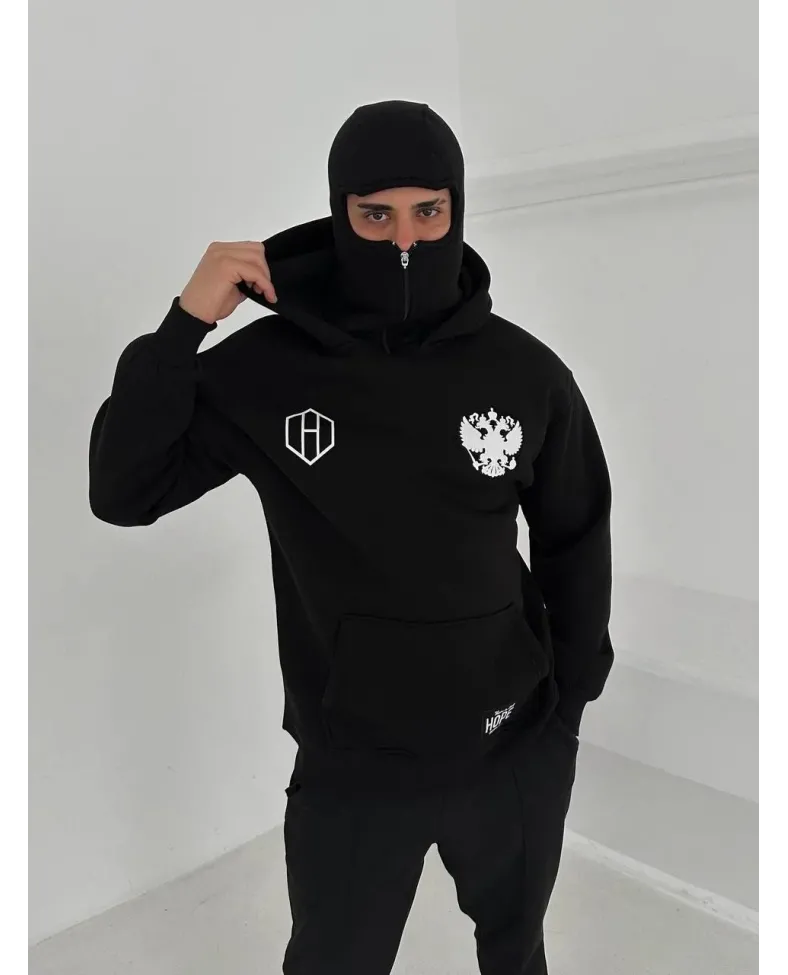 Samuray Ninja Çift Kapşonlu ZIP Fermuarlı Kanguru Çepli Tam Fermuarlı ön Arka - Siyah