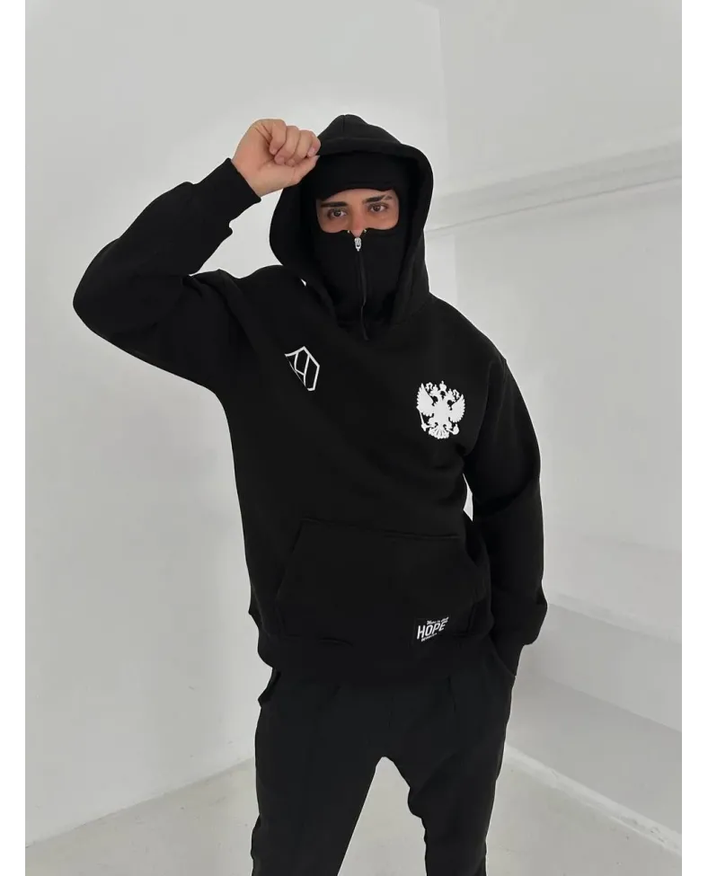 Samuray Ninja Çift Kapşonlu ZIP Fermuarlı Kanguru Çepli Tam Fermuarlı ön Arka - Siyah