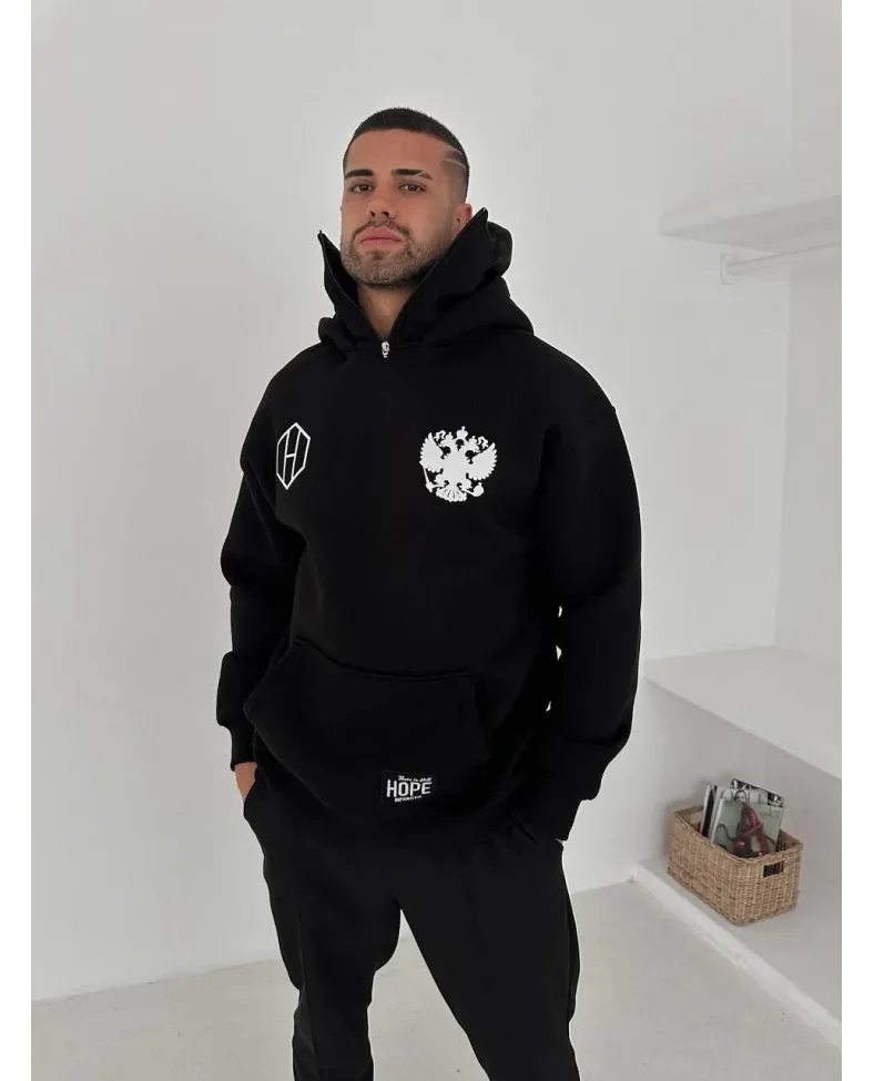 Samuray Ninja Çift Kapşonlu ZIP Fermuarlı Kanguru Çepli Tam Fermuarlı ön Arka - Siyah