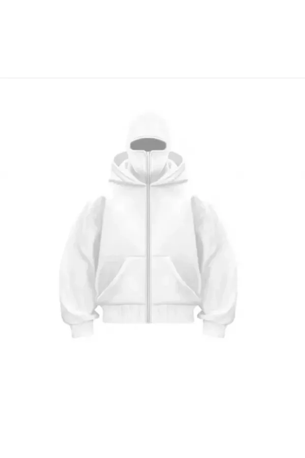Samuray Ninja Çift Kapşonlu ZIP Fermuarlı Kanguru Çepli Tam Fermuarlı Hoodie Swetshirt - Beyaz