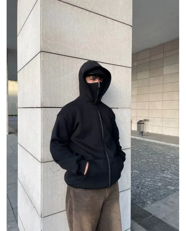 Samuray Ninja Çift Kapşonlu ZIP Fermuarlı Kanguru Çepli Tam Fermuarlı Hoodie Swetshirt - Siyah