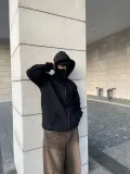 Samuray Ninja Çift Kapşonlu ZIP Fermuarlı Kanguru Çepli Tam Fermuarlı Hoodie Swetshirt - Siyah