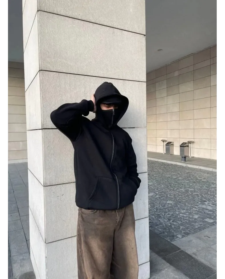 Samuray Ninja Çift Kapşonlu ZIP Fermuarlı Kanguru Çepli Tam Fermuarlı Hoodie Swetshirt - Siyah
