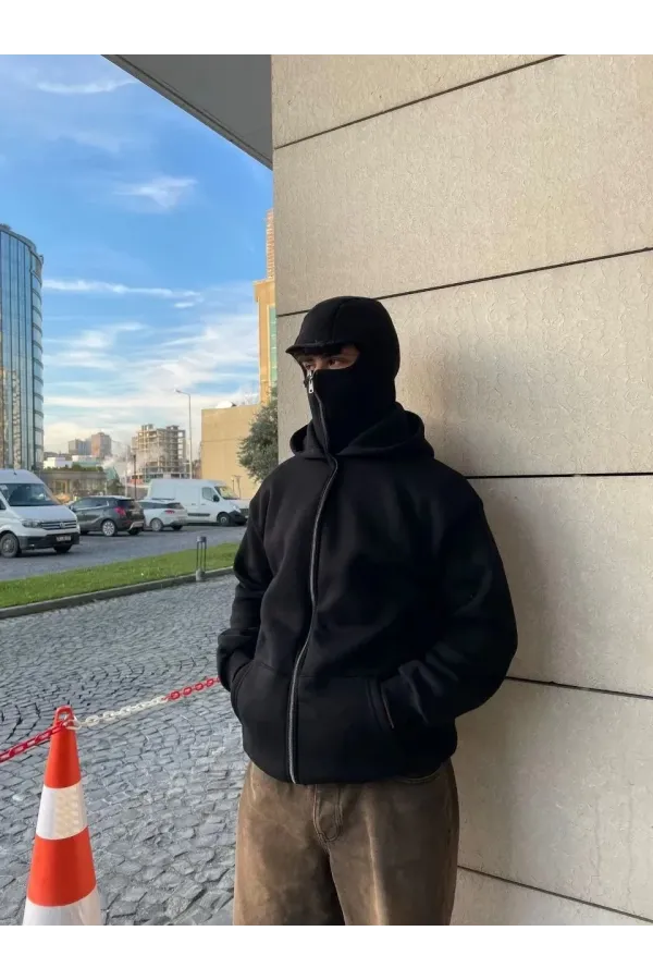 Samuray Ninja Çift Kapşonlu ZIP Fermuarlı Kanguru Çepli Tam Fermuarlı Hoodie Swetshirt - Siyah