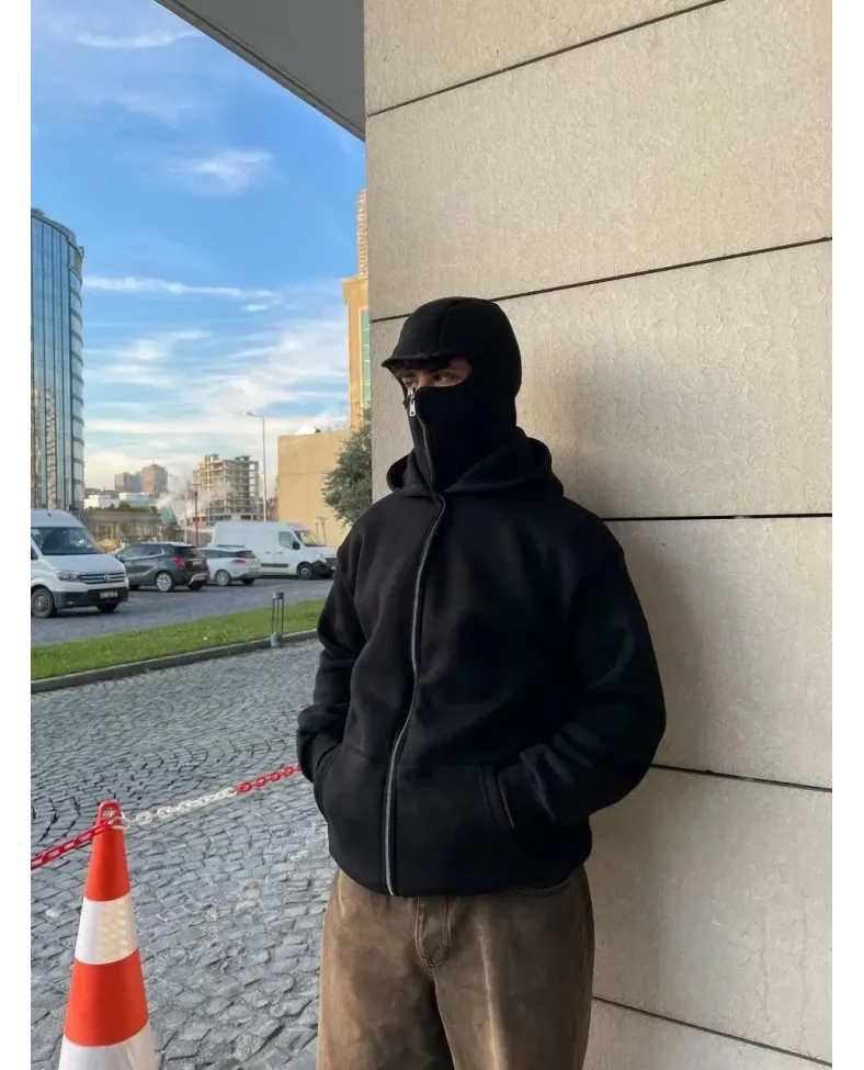 Samuray Ninja Çift Kapşonlu ZIP Fermuarlı Kanguru Çepli Tam Fermuarlı Hoodie Swetshirt - Siyah
