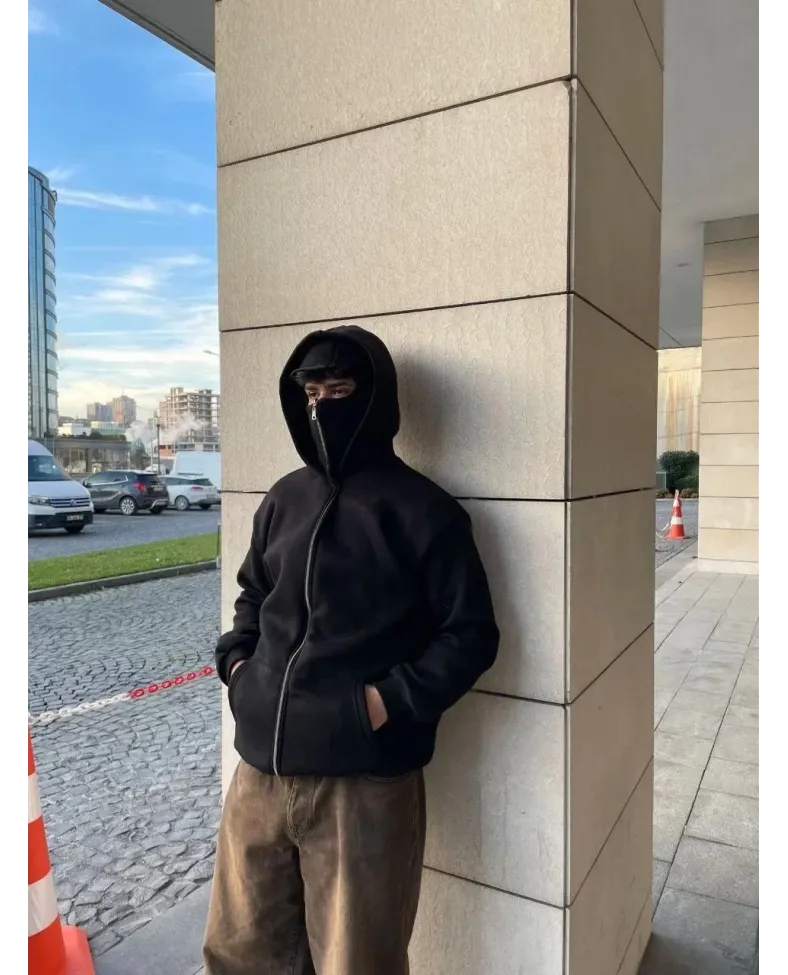 Samuray Ninja Çift Kapşonlu ZIP Fermuarlı Kanguru Çepli Tam Fermuarlı Hoodie Swetshirt - Siyah
