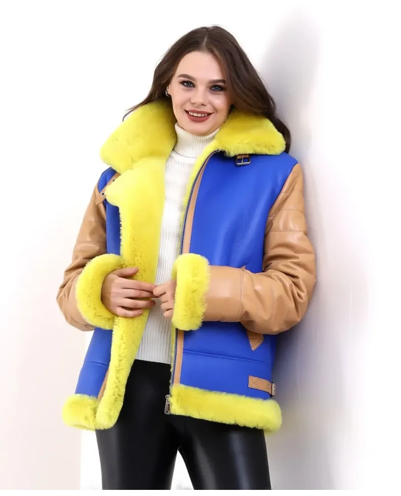 Kadın Koyun Derisi Pilot Hakiki Kürk - Sarı