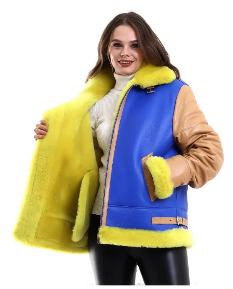 Kadın Koyun Derisi Pilot Hakiki Kürk - Sarı