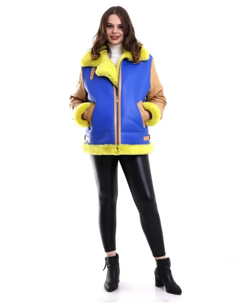 Kadın Koyun Derisi Pilot Hakiki Kürk - Sarı