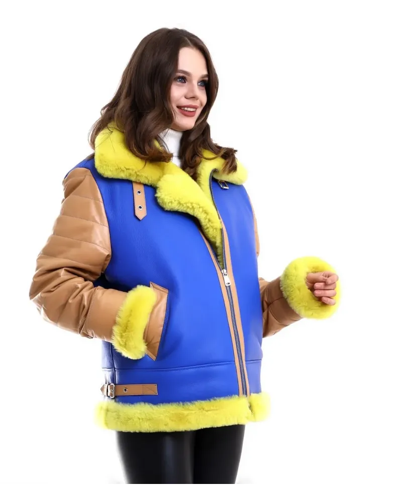 Kadın Koyun Derisi Pilot Hakiki Kürk - Sarı