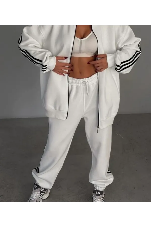 Şeritli Üç İplik Eşofman Takım - Beyaz