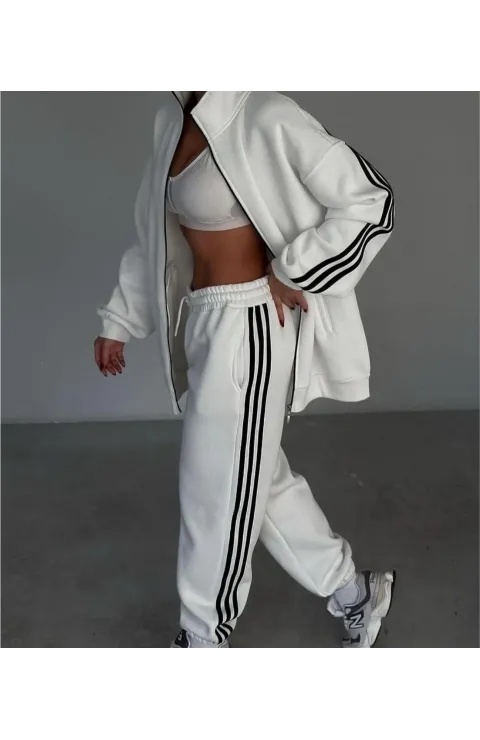 Şeritli Üç İplik Eşofman Takım - Beyaz