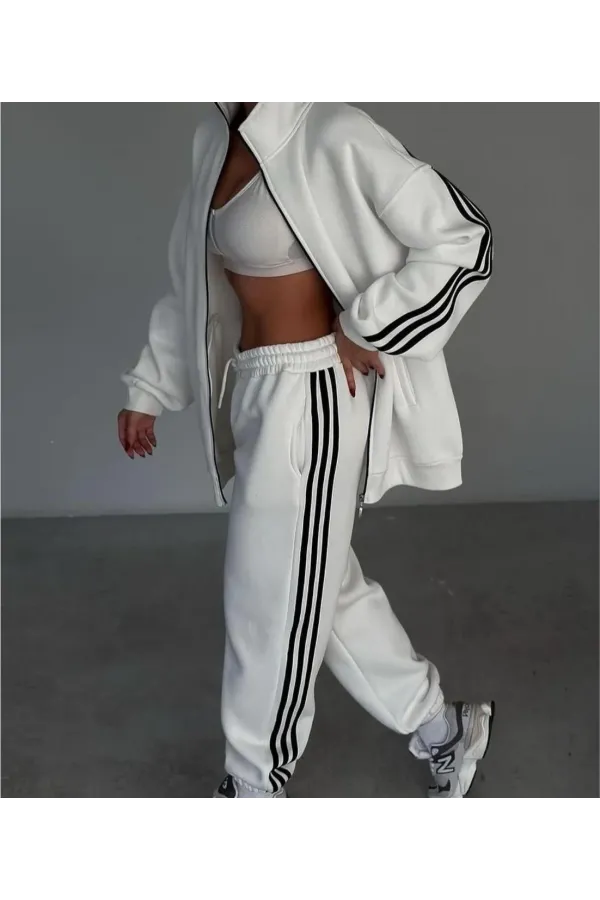 Şeritli Üç İplik Eşofman Takım - Beyaz