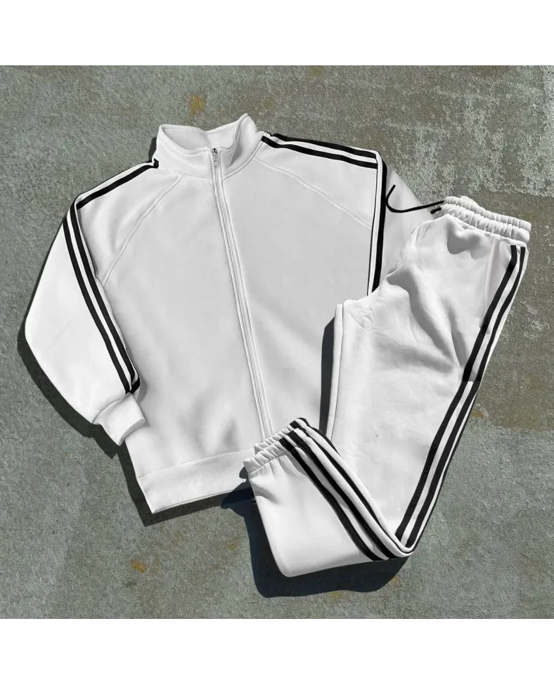 Şeritli Üç İplik Eşofman Takım - Beyaz