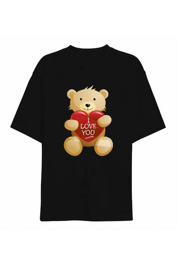 Sevgililer Günü İçin Özel Tasarım I Love You Ayı Baskılı T-shirt - Siyah