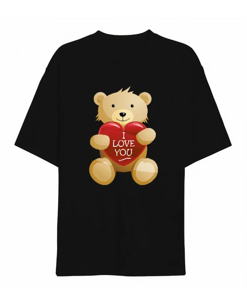 Sevgililer Günü İçin Özel Tasarım I Love You Ayı Baskılı T-shirt - Siyah